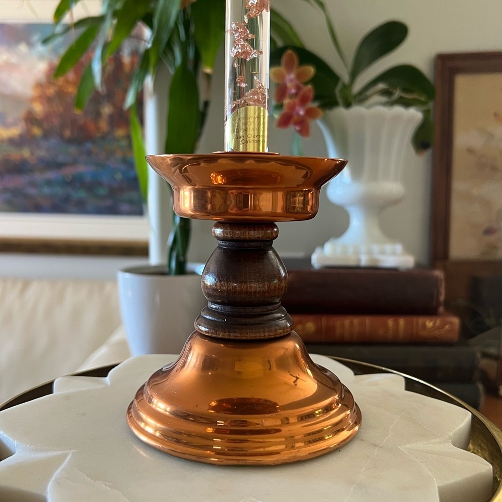 Vintage Coppercraft Guild Taunton, Mass, USA Copper + Wood Taper Candle Holder
